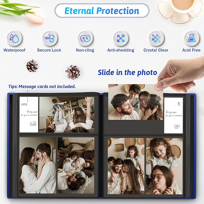 Popotop 4x6 Photo Album Holds 300 Pictures, Vegan Leather Hardcover | 300-Photos Capacity, Acid-Free PP Slip-In Pockets, Mixed-Orientation Layout, Front Photo Window, Gifts for Wedding Baby - Image 3