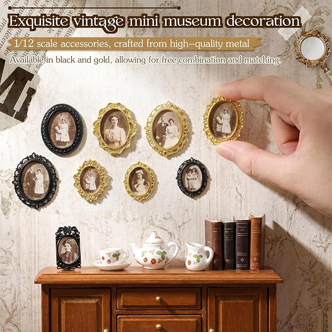 Lewtemi 14 Pcs Mini Frames Dollhouse, Vintage Black Gold Oval | Museum Accessories for Miniatures, Vintage Ornate Design with Hanging Holes, Ideal for Tiny Photo Display in 1:12 Scale Rooms - Image 3
