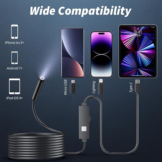 Endoscope Camera with Light,1920P HD Borescope Tools with 8 Adjustable LED Lights, Endoscope with Semi-Rigid Snake Camera, IP67 Waterproof Inspection Borescope for iOS and Android-32.8ft Single Lens - Image 6