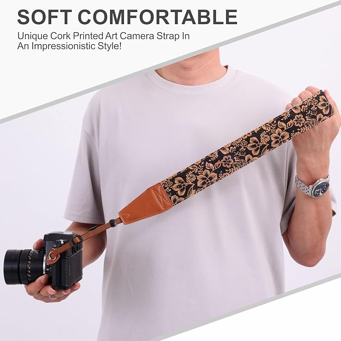 Padwa Lifestyle Cork Camera Strap - 2" Top Layer Cowhide Head Camera Straps for Photographers,Natural Log Crackle Art Print Style,Soft Chamois Velvet Padded Strap Quick Release fits All Cameras - Image 6