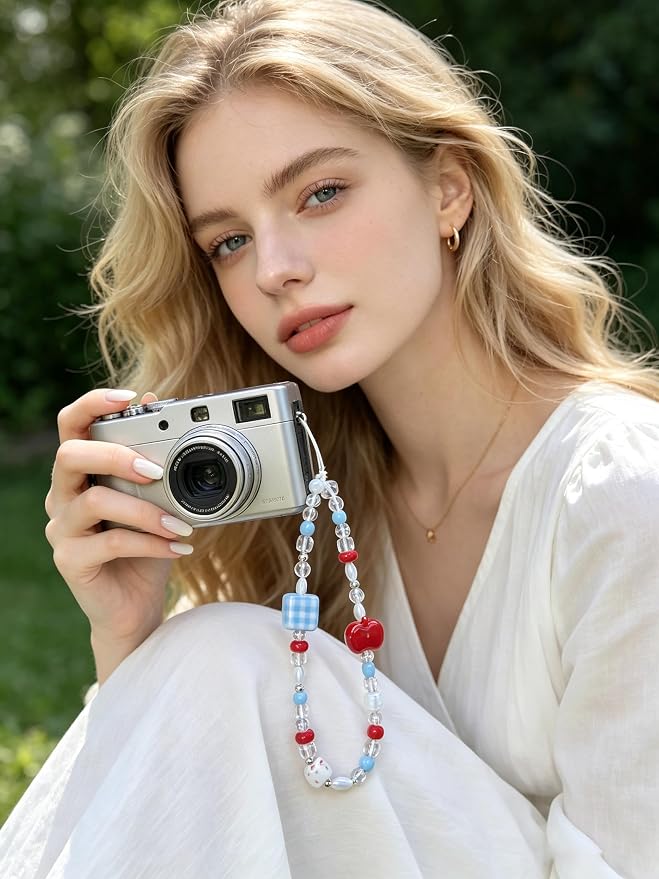 2 Pcs Phone Charm Strap Hand Wrist Strap Camera Lanyard Pearl Beaded Cute Chain String Accessories Universal for iPhone 17 Pro Max 16 15 for Samsung Women Girls Keychain Bags Red Apple and Beach Beads - Image 2