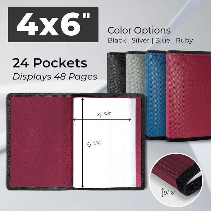 Dunwell 4x6 Photo Album & Art Portfolio Binder, 24 Clear Sleeves, Ruby | Displays 48 Pages, 24 Clear Sleeves, Black Mounting Paper, Organizer for 4x6 Photos - Image 2