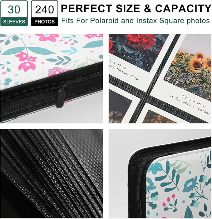 Large Polaroid Photo Album Binder, 240 Pockets. Modern Floral | Fits Polaroid i-Type, 600, SX-70 and Instax Wide 3.5x4.25 films. Acid-free pages protect photos for long-term storage. - Image 4