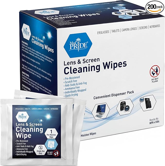 MED PRIDE Anti-Fog Lens and Screen Cleaning Wipes for Eyeglasses, Touch Screens, Premoistened, Anti-Static, Quick-Dry (200 200 Count (Pack of 1)) by MEDPRIDE