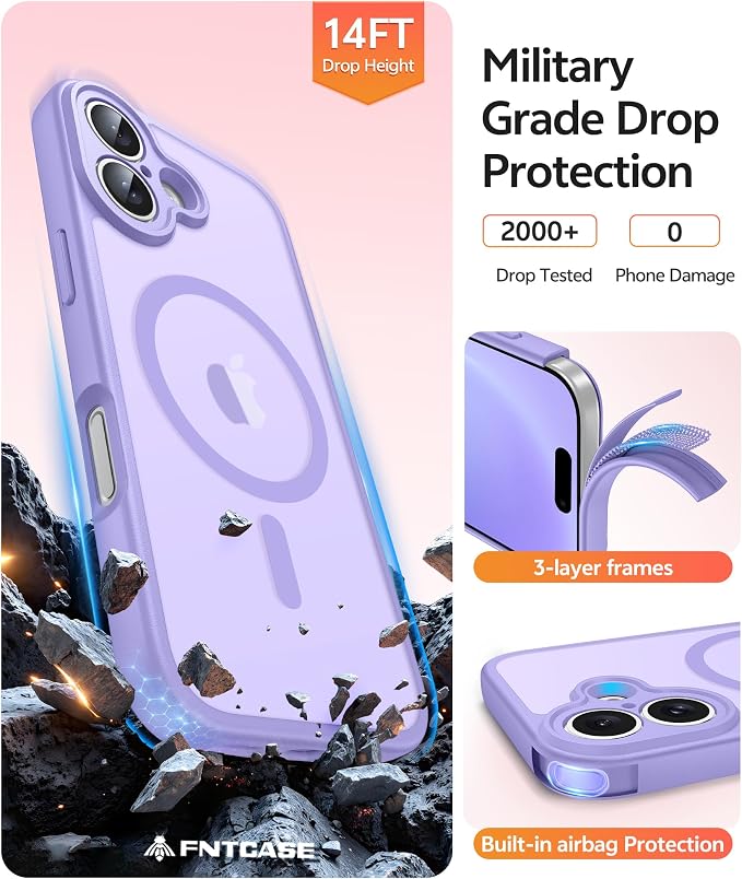 FNTCASE for iPhone 16 Case, Fit for Magsafe, Screen Protector, Light Purple | Full Camera Protection, Translucent Matte, 14FT Military Grade Drop Proof, Shockproof Protective Phone Cover - Image 5
