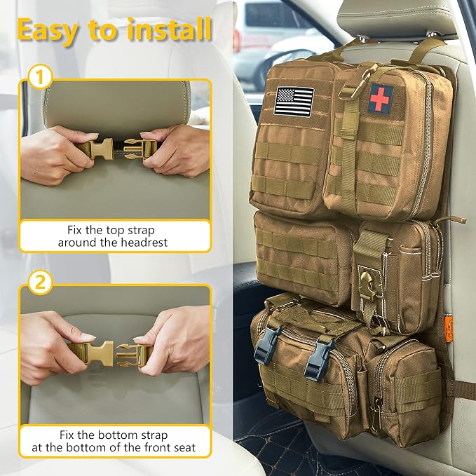 Universal Tactical Car Seat Back Organizer Bag Tactical Molle Vehicle Organizers Panel Vehicle Protector Organizers with 5 Detachable Pouches for Car Truck Ford Jeep (Khaki) - Image 5