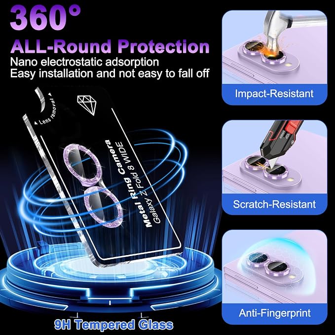 Meshine for Samsung Galaxy Z Fold 8 Camera Lens Protector,Scratch Proof,Strong Adsorption,9H Hardness with Metal Ring Camera Cover,Ultra Thin Case Friendly,Accessories Lens Protector,Glitter Purple - Image 5