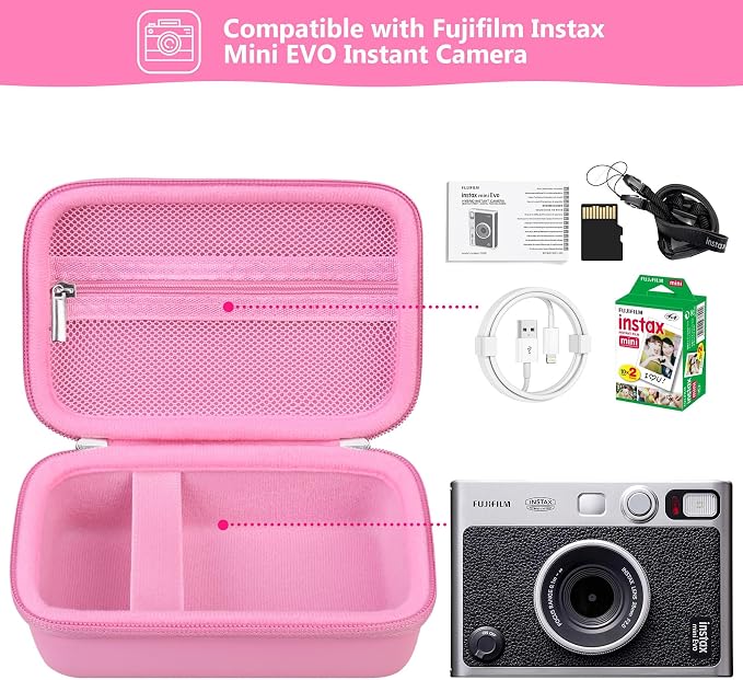 Carrying Case Compatible with Fujifilm Instax Mini EVO Instant Camera, INSTAX MINI EVO Camera Storage Holder Travel Bag with Mesh Pocket for Photos, USB Cables, Film, Pink - Image 2