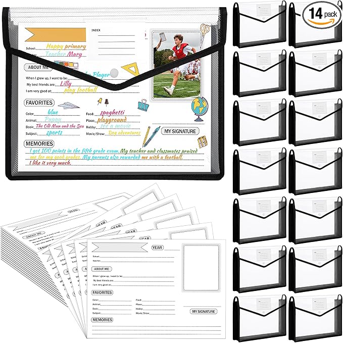 Motipuns 14 Pack K-12 School Memory Box Back to School, Black | Large Capacity Organizer, 16 Questionnaire Cards, Photo Album Keepsake Scrapbook, from Pre to 12th Grade File Picture Folder by Motipuns