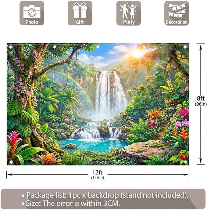 Fabric 12x8ft Rainforest Backdrop Tropical Jungle Waterfall Banner | Summer Event Natural Scenery Photography Background, Kids Adult School Party Decorations, Classroom Photo Props, Polyester - Image 3