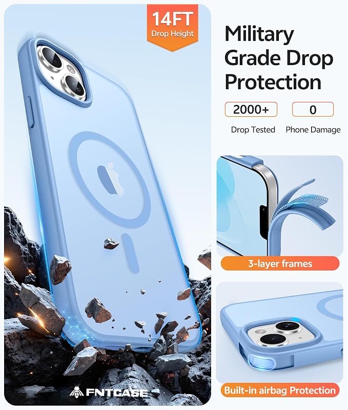 FNTCASE for iPhone 15/14 Plus Case, Fit for Magsafe, Screen Protector | Translucent Matte Magnetic Back, 14FT Military Grade Drop Protection, Shockproof Protective Phone Cover, Light Blue - Image 5