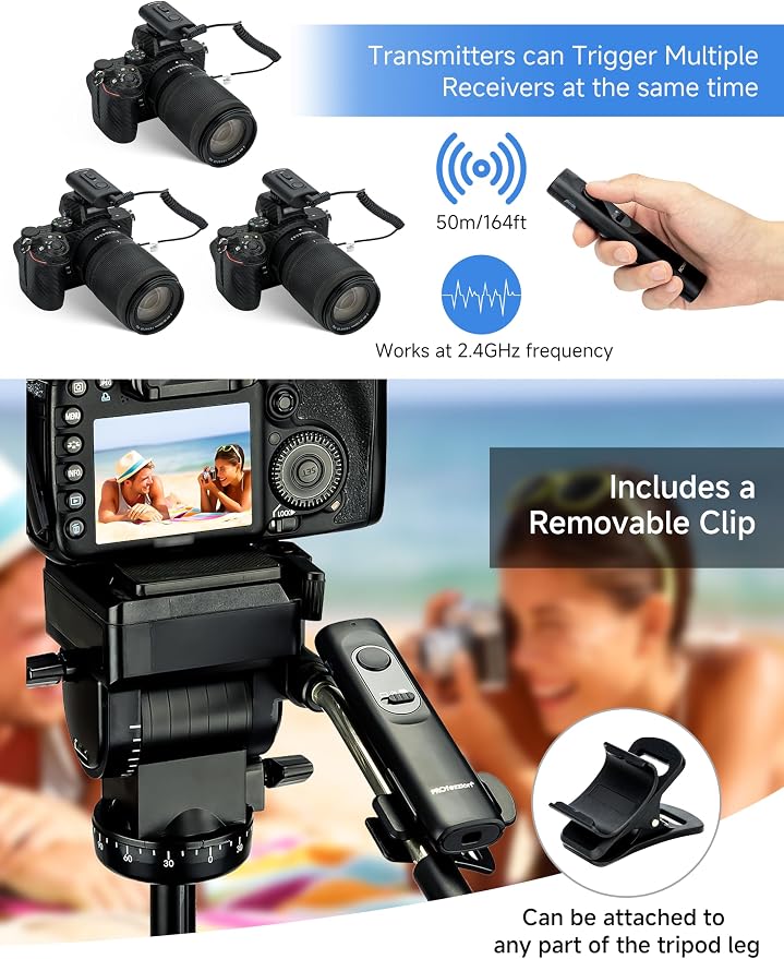 PROfezzion 164ft Remote Shutter Release Wireless for Select Nikon Cameras | for Nikon Z6III Z6II Z6 Z7II Z7 Z5 D750 D780 D7500 D7200 D5600 D5500 D5300 D3300 D3200, AAA Battery, Tripod Clip - Image 5