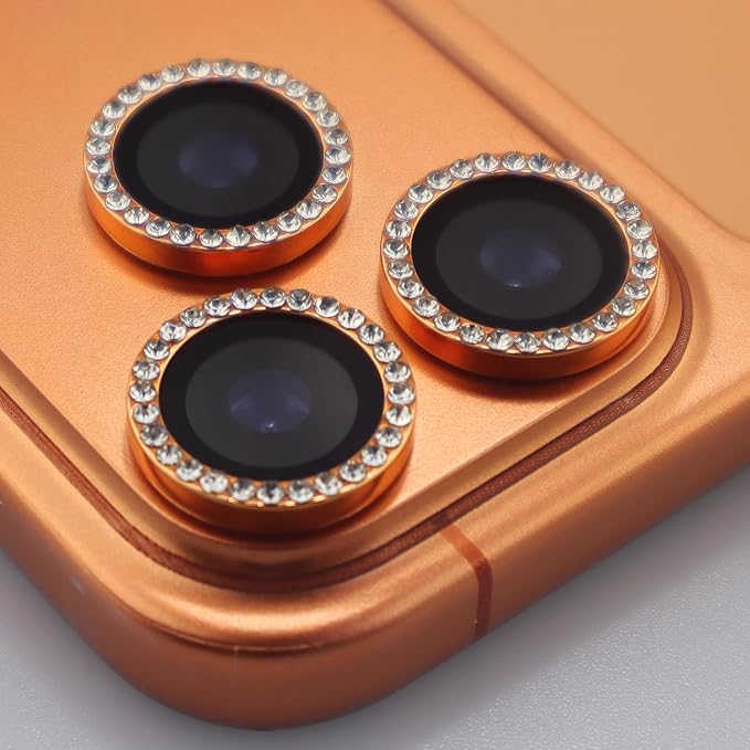 BONVAN for iPhone 17 Pro / 17 Pro Max Camera Lens Protector Bling Glitter Diamond Metal Crystal Tempered Glass Screen Accessories Rhinestones Lens Cover for iPhone 17 Pro/Pro Max (Orange) - Image 2