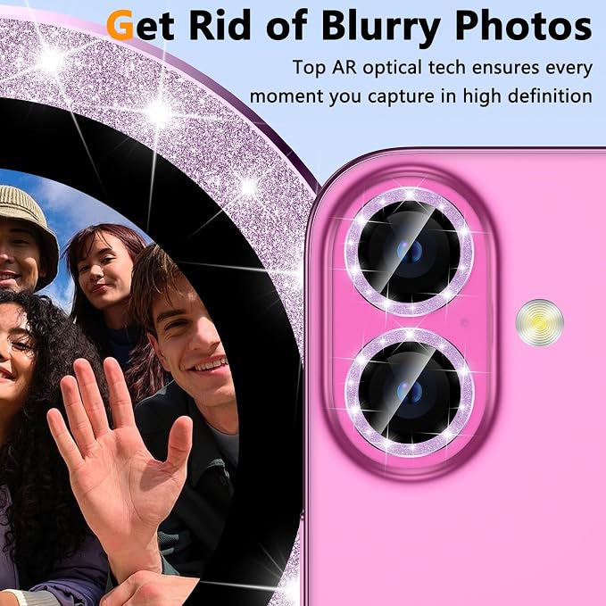 YWXTW for iPhone 16 Plus/iPhone 16 Camera Lens Protector, Individual Anti Scratch Metal Ring Tempered Glass Camera Screen Protector for iPhone 16 Accessories, Case Friendly (Purple Glitter) - Image 5