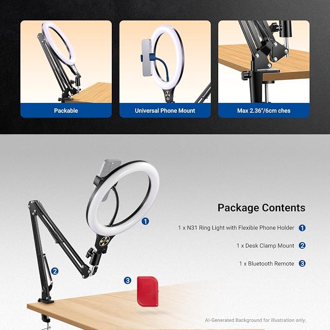 NEEWER Entry Level Version 10.5" Overhead Desktop LED Ring Light, Clamp Stand for Desk/Remote/Phone Holder Compatible with iPhone, 10W Streaming Recording Selfie Laptop Video Conference Lighting, N31 - Image 9