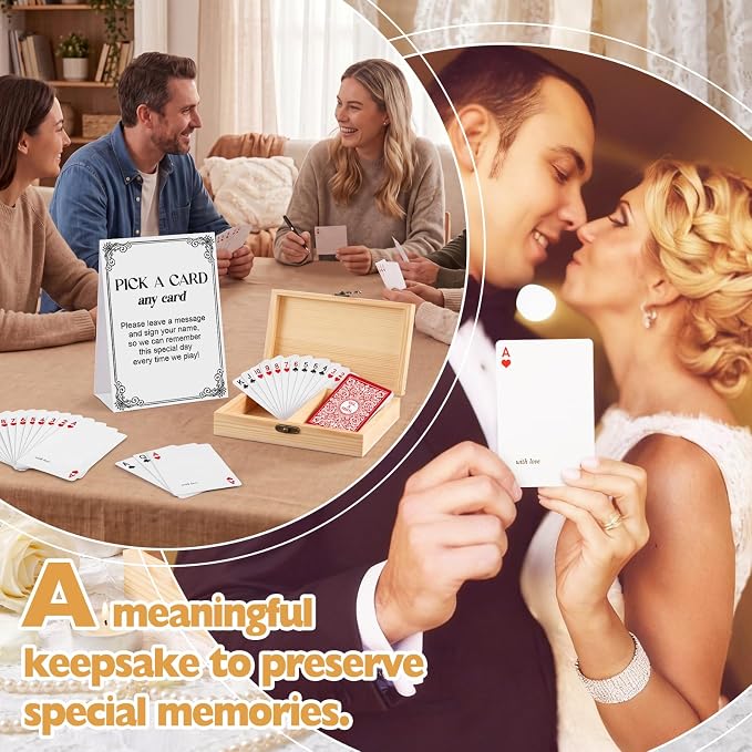 AceOrbit 57 Pack Red Wedding Guest Book Playing Cards Set with Wooden Box | Wedding Signing Guestbook Alternative Personalized Blank Deck of Cards for Guest Reception Romantic Vegas Bridal Shower Games - Image 5
