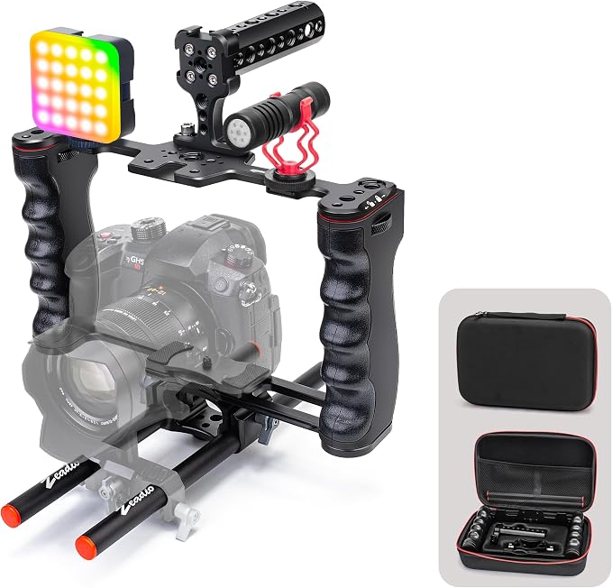 Zeadio All-in-One Video Rig Kit, Aluminum Handheld Camera Cage with RGB Video Light, Microphone, Top Handle,15mm Rod Guide, Extension Rods & Carrying Case for Filmmaking Vlogging Recording etc by Zeadio