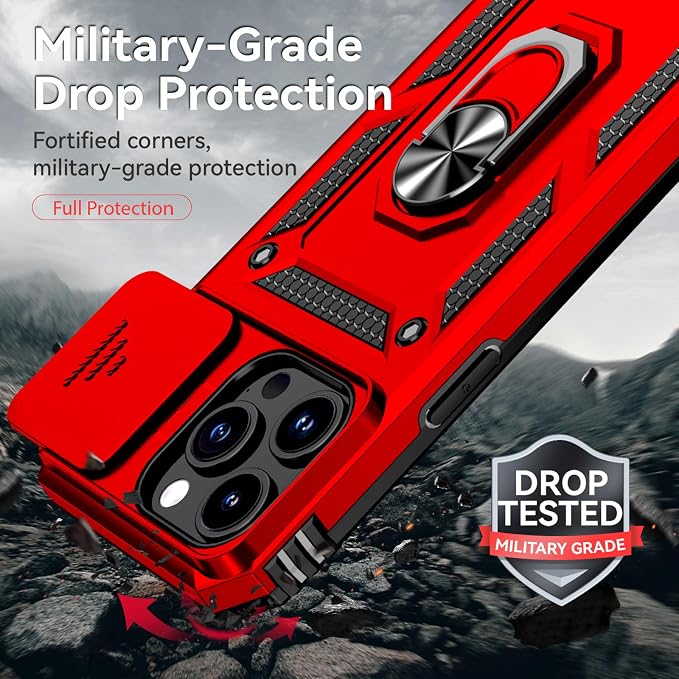 HNHYGETE for iPhone 15 Pro Case with HD Screen Protector: [Military Grade 20ft. Drop Tested] Ring Shockproof Protective Phone Case for - iPhone 15 Pro (Red) - Image 3