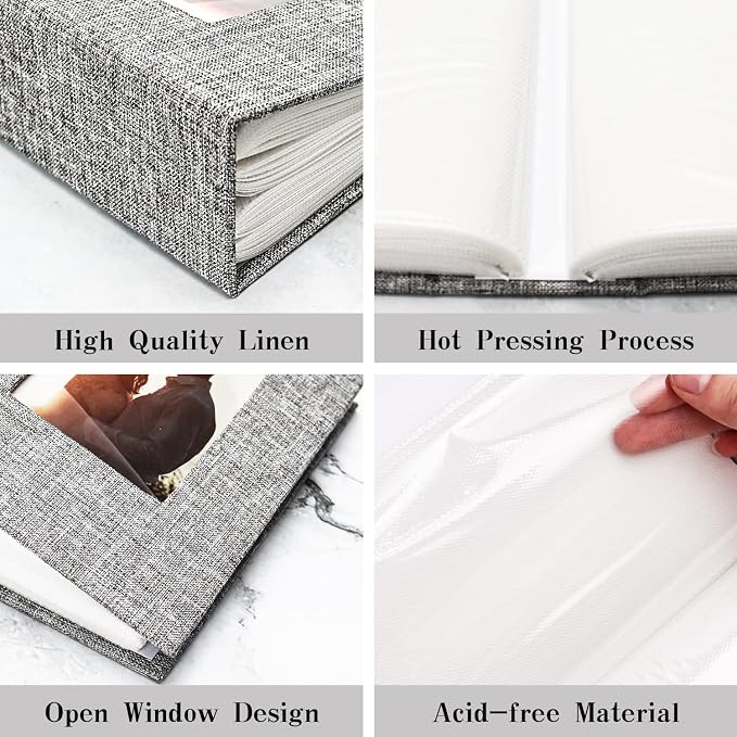 Vienrose 4x6 Photo Album,100 Pockets,Linen Cover with Window,Grey | Cover Window, Acid Free Pages, Linen Hardcover, Baby Wedding Family Photos - Image 6