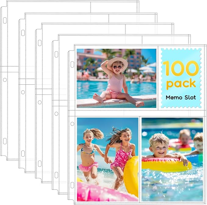 Fabmaker 100 Pack 4x6 Photo Sleeves for 3 Ring Binder, Hold 600 Photos | Clear Plastic Binder Sleeves, Photo Album Refill Pages, Acid Free Archival Page Protector, Binder Inserts for Postcard by Fabmaker