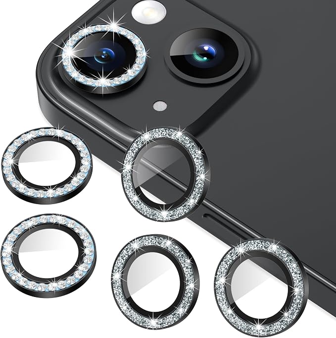 AGVEE 3+3 6 Pack for iPhone 15/15 Plus Camera Lens Protector Cover | Individual Bling Diamond & Bling Glitter Sparkle Cute Gem Metal Ring, 9H Tempered HD Glass by AGVEE