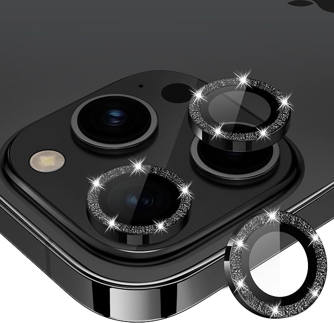 for iPhone 15 Pro/15 Pro Max Camera Lens Protector Glitter, Black | Individual Metal, 9H Hardness, Scratch Resistant, Shockproof, Drop Protection, Case Friendly, Stylish Accessories by Xfilm
