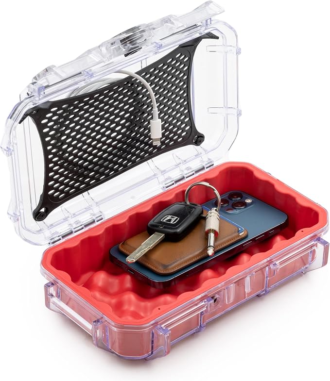 Evergreen 56 Clear Waterproof Dry Box Protective Case Colored Rubber Insert - Travel Safe/MilSpec/USA Made - Tackle Organization of Cameras, Phones, Camping, Fishing, Travel, Water Sports (Red) by EvergreenCases