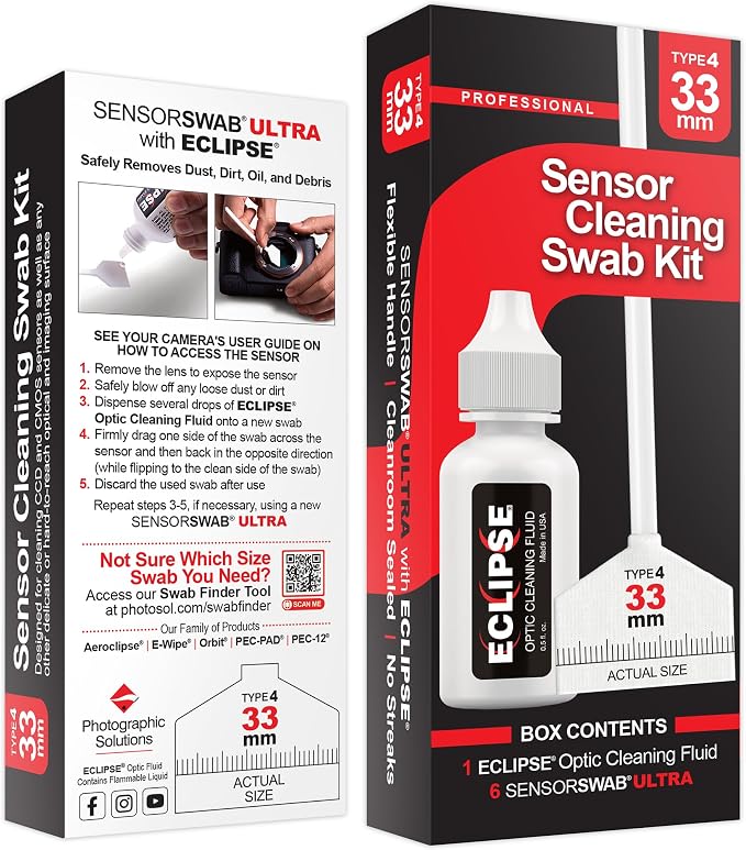 Sensor Cleaning Swab Kit - Eclipse Optic Cleaning Solution (0.5oz/15ml) + Type-4 Sensor Swab Ultra 33mm (Pack of 6) - for Medium Format CMOS and CCD Sensors - Dust & Oil Remover by PhotographicSolutions