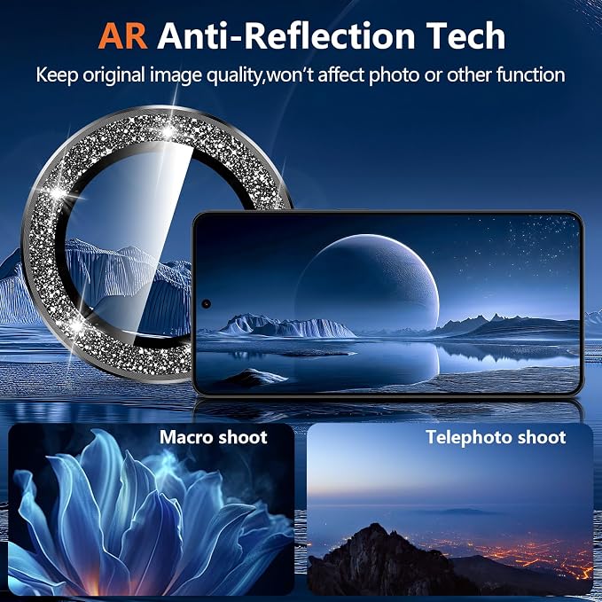 for Samsung Galaxy S26 Ultra Camera Lens Protector, Individual Metal Ring Tempered Glass Lens Cover, [Strong Adsorption] Scratch Resistant Ultra-Thin HD Clear Lens Cover, 1 Set-Black Sparkly - Image 3