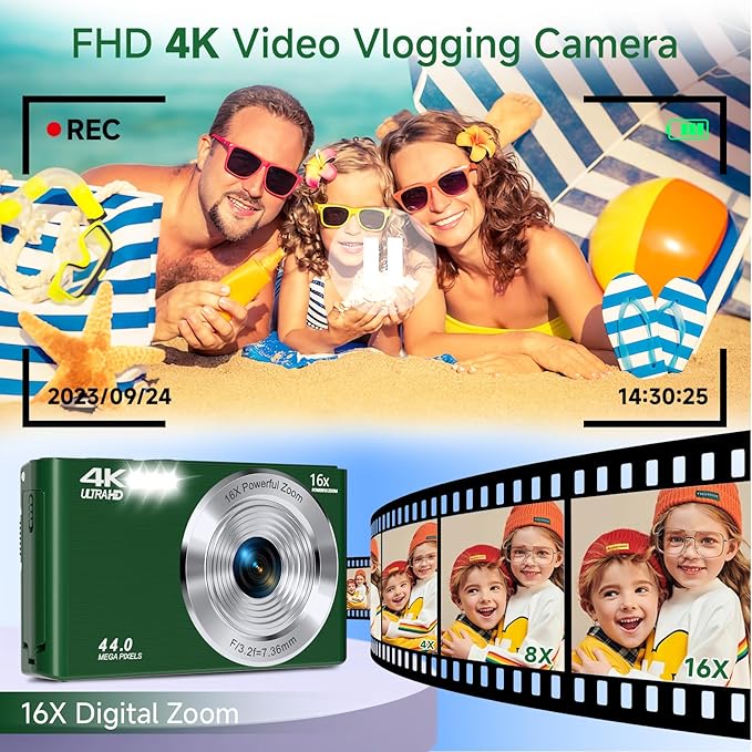 Digital Camera, FHD 4K Autofocus Compact Digital Cameras for Teens, Green Point and Shoot Camera for Kids with 16X Zoom, 64GB SD Card, 2026 Upgraded Small Digital Camera for Boys Girls Teens Kids Gift - Image 3