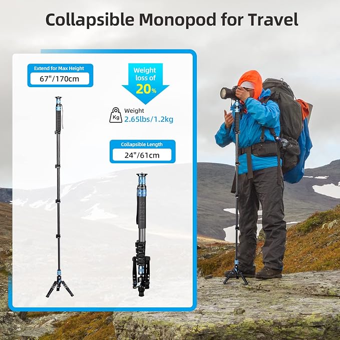 SIRUI P-325FL Carbon Fiber Monopod with Feet, 67" Professional Lightweight Travel Monopod for Camera, Max Load 22lbs, 360° Panorama, 5-Section, Quick Release Plate | 67' Professional Lightweight Travel for Camera, 360° Panorama, Max Load 22lbs, 5-Secti... - Image 3