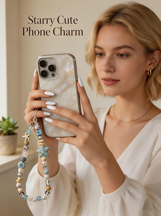 2 Pcs Phone Charm Strap Hand Wrist Strap Camera Lanyard Pearl Beaded Cute Chain String Accessories Universal for iPhone 17 Pro Max 16 15 14 for Samsung Women Girls Keychain Summer Ocean Star and Shell - Image 5
