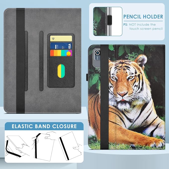 DETUOSI Universal 10.1 inch Tablet Case,Scratch Resistant | For ECOPAD ‎TH-KK12C,URAO X109,Aiprotablet C20e,Folio Leather Protective Cover,2-Angle Viewing Stand,3 Card Slots,Tiger - Image 6
