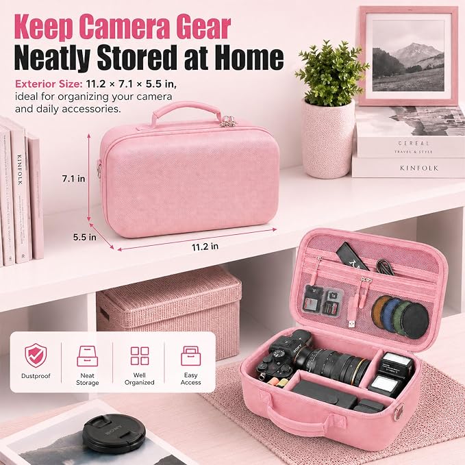 Camera Case for Canon EOS Rebel T7/R50/R100/for Sony a7iv/Mirrorless | EVA hard shell, Oxford fabric, 4 adjustable dividers and 3 mesh pockets for camera travel and home storage-Pink (Case Only) - Image 7