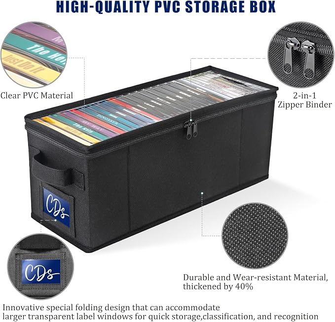 CCidea CD Storage Box with Clear Window - 4 Pack Media Organizer, Innovative Folding Design for CD Discs, CD Holder with Reinforced Handle & Label Slot, Holds 29 CDs Each, Fits Car & Home Use (4) - Image 3