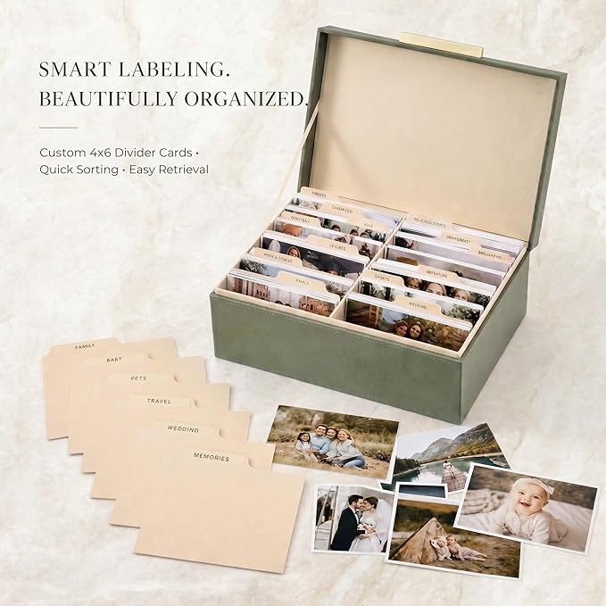 Decorative Photo Storage Box - PU Leather Organizer for 1200 4x6 Photos | Sturdy Scrapbook Storage Containers with Dividers and Lid - Portable Box Safely Stores Your Pictures - Image 4