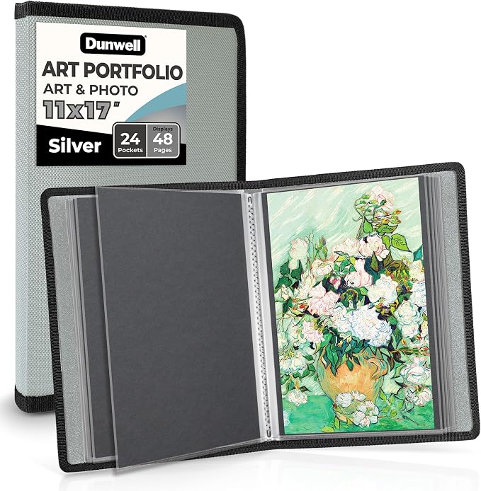 Dunwell 11x17 Art Portfolio Binder, 24-Sleeve, Black Mounting Paper, Silver | 24 Clear Sleeves, Displays 48 Pages, Black Mounting Paper Included, Artwork Storage, Acid-Free Poly Protection by Dunwell
