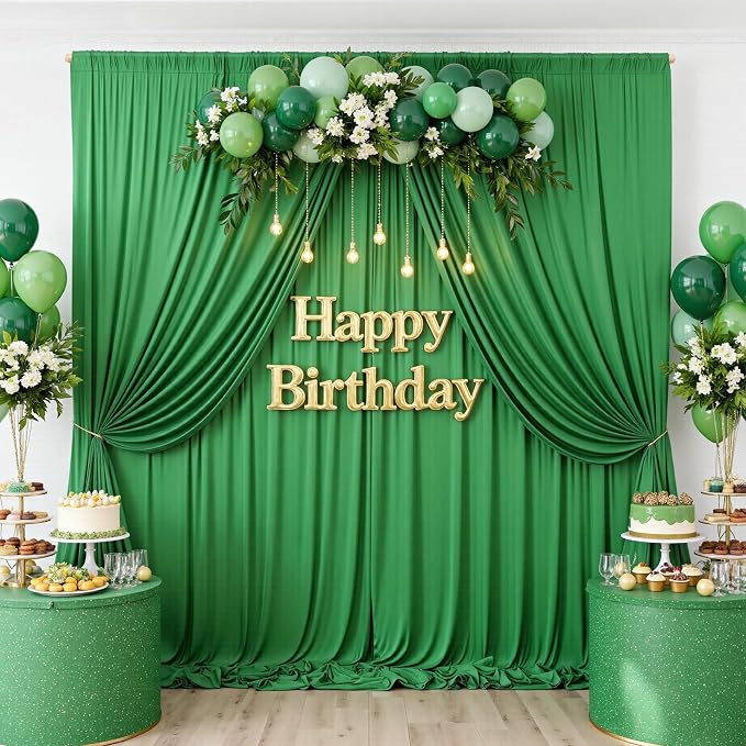 10ftx10ft Wrinkle Free Green Backdrop Curtains for Parties, Silky Polyester Photo Backdrop Drapes 2 Panels 5x10ft Back Drop Cloth for Wedding Birthday Baby Shower Photography Background - Image 5