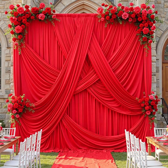 50x12 ft Red Backdrop Curtains for Weddings Parties, Birthdays and Photos | 10 Panels 5x12 ft, Wrinkle-Free Polyester Drapes, Washable, Ironable, 4 in Rod Pocket for Baby Showers Photography Background by PartyVillage