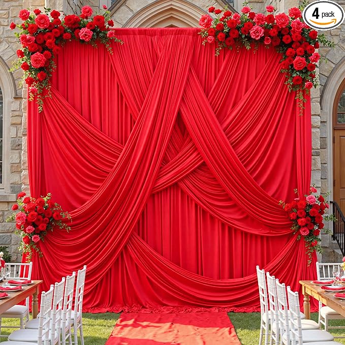20x12 ft Red Backdrop Curtains for Weddings Parties, Birthdays and Photos | 4 Panels 5x12 ft, Wrinkle-Free Polyester Drapes, Washable, Ironable, 4 in Rod Pocket for Baby Showers Photography Background by PartyVillage