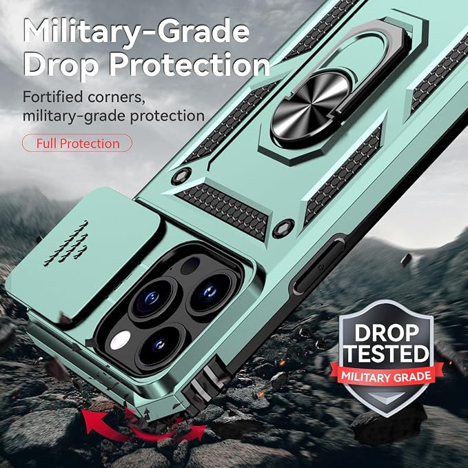HNHYGETE for iPhone 15 Pro Case with HD Screen Protector: [Military Grade 20ft. Drop Tested] Slide Camera Cover Ring Shockproof Protective Phone Case for - iPhone 15 Pro (Dark Green) - Image 3