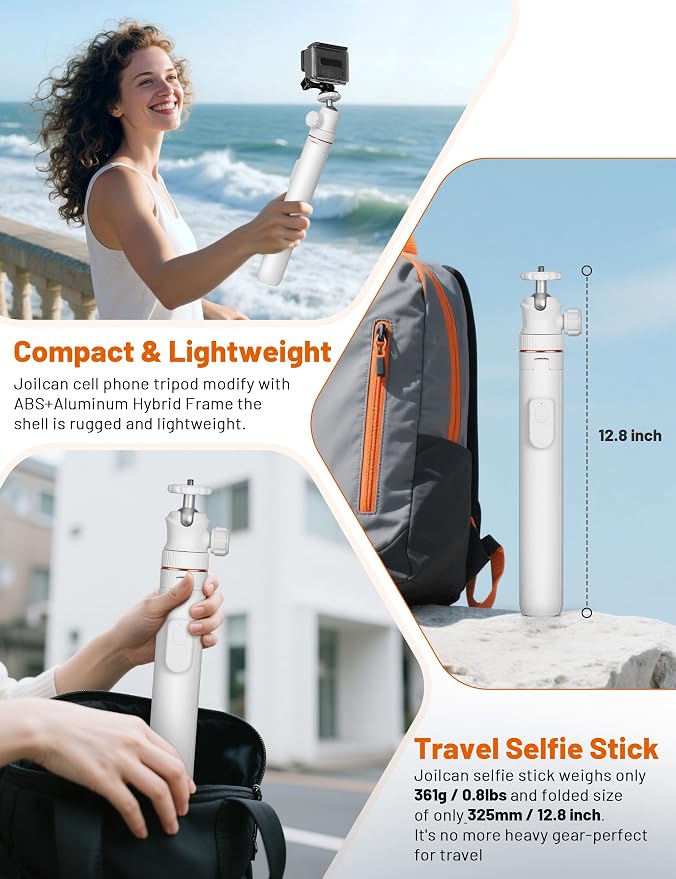 JOILCAN Tripod for iPhone & Camera, 64" Selfie Stick 360° Ball Head Remote | Extendable Portable Phone Tripod Stand for Travel Vlog Compatible with iPhone DJI Canon Sony DLSR (White) - Image 7