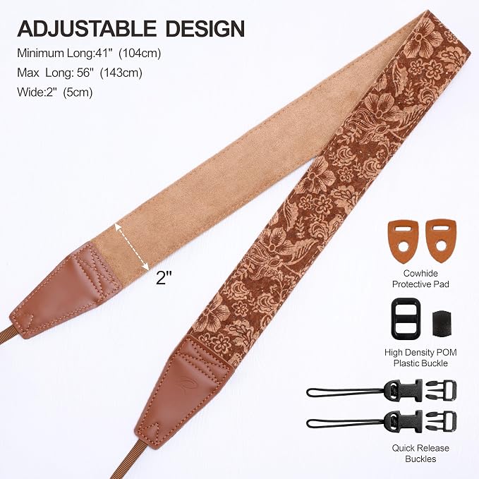 Padwa Lifestyle Cork Camera Strap - 2" Top Layer Cowhide Head Camera Straps for Photographers,Natural Log Crackle Art Print Style,Soft Chamois Velvet Padded Strap Quick Release fits All Cameras - Image 7