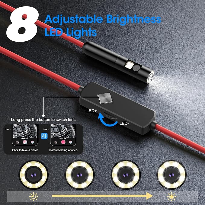 Endoscope with Light, 1920P HD Borescope with 8 Adjustable LED Lights, Semi-Rigid Snake Camera, IP67 Waterproof Inspection Tool (16.4ft, Red Harness + Dual Lens) - Image 3