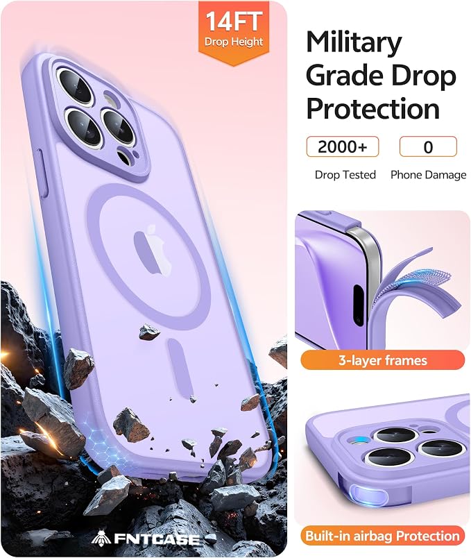 FNTCASE for iPhone 15 Pro Max Case, Fit for Magsafe, Glass Screen Protector | Full Camera Protection, Translucent Matte, 14FT Military Grade Drop Proof, Shockproof Protective Phone Cover, Light Purple - Image 5