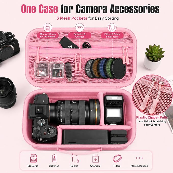 Camera Case for Canon EOS Rebel T7/R50/R100/for Sony a7iv/Mirrorless | EVA hard shell, Oxford fabric, 4 adjustable dividers and 3 mesh pockets for camera travel and home storage-Pink (Case Only) - Image 6