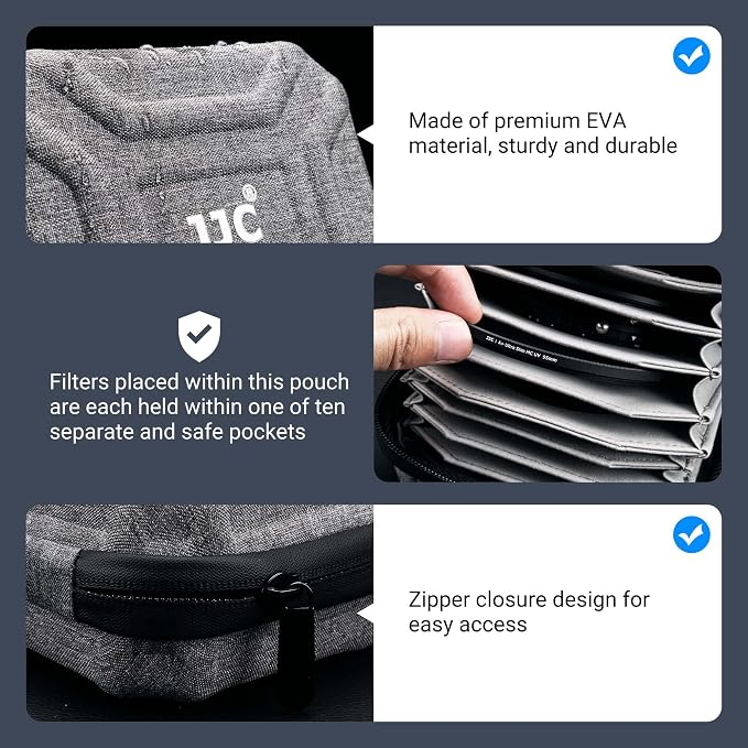 JJC 10 Pockets Hard Shell Lens Filter Bag Up to 95mm, Water Resistant & Dustproof, Camera Filter Pouch Carrying Case for Photography Round Filter with Microfiber Cleaning Cloth - Image 3