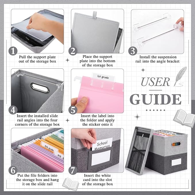 1 Set School Memory Box Organizer, School Keepsake Organizer K-12,Grey | with 15 Hanging File Folders, 4 Labels, 3 Sticker, Mesh-Pocket Lid, for Letter/A4, Report Cards, Photos, Awards, File Keeper - Image 3