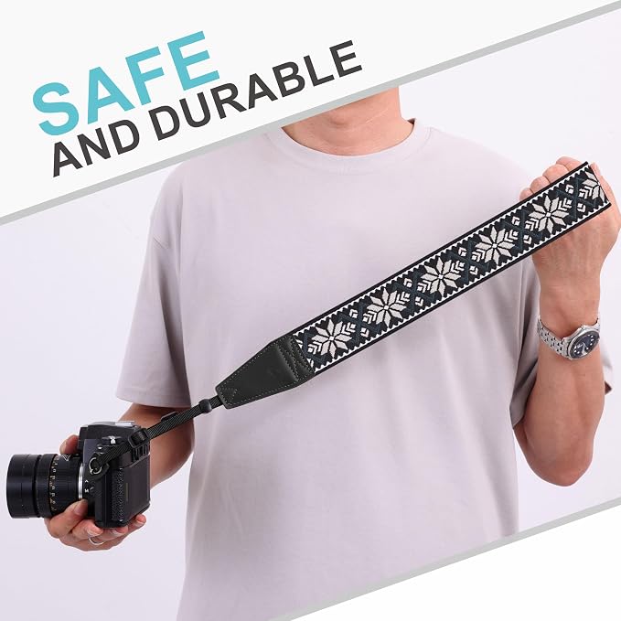 Padwa Lifestyle Camera Strap - 2" Full Grain Leather Ends Camera Straps for Photographers, Vintage Embroidered Cotton Weave Soft Strap Quick Release fits All Cameras - Image 7
