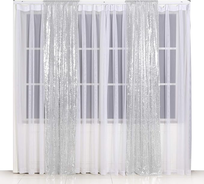 Poise3EHome Silver Sequin Backdrop Curtains,2ft x 8ft Sequin Photography Backdrop Curtain 2 Panels for Party Decoration - Image 2